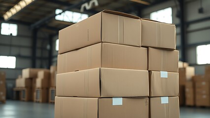 A stack of cardboard boxes in a warehouse setting, featuring muted tones and subtle lighting.