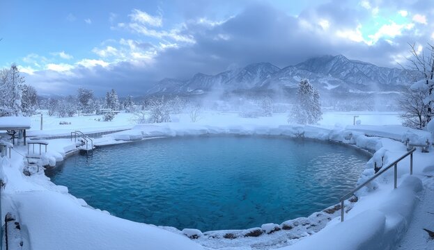 Winter wonderland hot spring. Snow-covered hot spring pool amidst majestic mountains