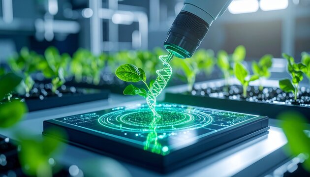 Futuristic lab scene with CRISPR-Cas9 tool editing DNA inside glowing plant cell, glowing interface and holographic effects for biotech visuals.