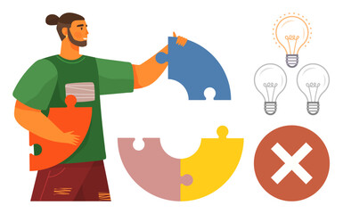 Man holds colorful puzzle pieces, surrounded by light bulbs symbolizing ideas and an error sign. Ideal for creativity, problem-solving, innovation, teamwork, decision-making, critical thinking