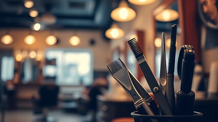 Barber shop scene highlighting hairstyling tools in warm ambient light.