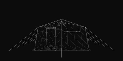 A black and white wireframe tent features crisp white outlines against a dark background, highlighting clean geometric shapes and sharp contrast. The minimalist 3D model showcases precise structure.