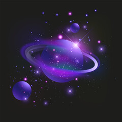 Planet Saturn in space starry and cosmic dust around, Neon light on transparent background
