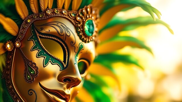 Golden-green feathered carnival mask with gemstones, representing Brazil Independence Day's festive luxury.