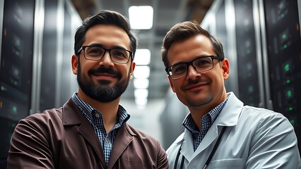 Two technicians working in a data center with server racks softly blurred behind them.