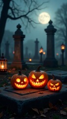 Jack o lantern pumpkins glowing in a spooky graveyard at night with a full moon overhead for Halloween.