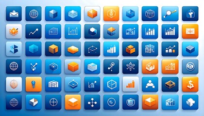 A grid of colorful, square icons representing business and data concepts