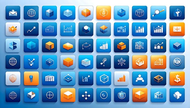 A grid of colorful, square icons representing business and data concepts - Powered by Adobe
