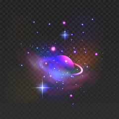 Planet Saturn in space starry and cosmic dust around, Neon light on transparent background
