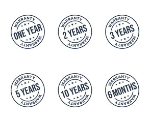 1, 2, 3, 5, 10 years warranty icon set, 6 months warranty label