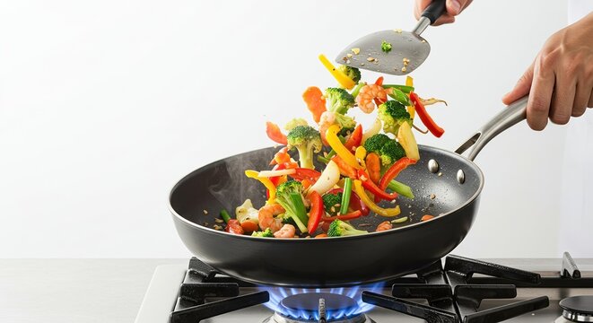 I'm stir-frying sliced vegetables in a frying pan on the gas stove. - Powered by Adobe