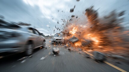 High-speed crash captured mid-motion, with debris flying and motion blur