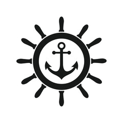  Nautical ship steering wheel with anchor logo design, marine navigation icon, maritime symbol vector