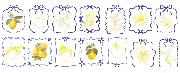 Decorative blue navy frame border with cute bow. Decorative stickers, frames. Antique frame, retro label, royal wedding, sticker for sale or an invitation card, birthday decoration, baby shower