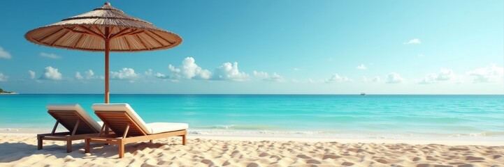 Beach umbrella and two empty sun loungers on a tropical sandy beach with turquoise ocean water. Summer holiday vacation and travel concept. banner