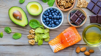 Flat lay of foods that boost brain health, including blueberries, walnuts, salmon, avocado, dark chocolate, and green tea, on a rustic wooden table with natural light, wellness photography