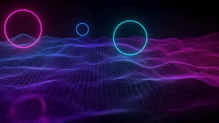 Abstract digital landscape with glowing neon rings floating above a textured surface. - Powered by Adobe
