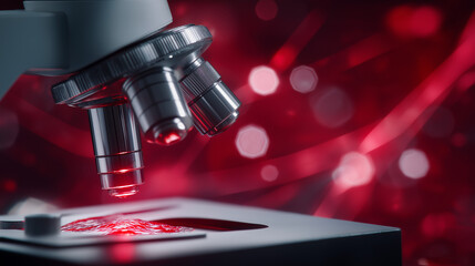 High-Tech Microscope Analyzing Red Samples in a Dark Laboratory
