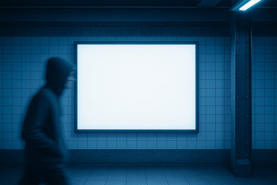 AI-generated image - A man in a hoodie walking past a glowing blank billboard in a blue-lit subway station. Perfect for advertising mockups, urban campaigns, or moody cinematic scenes. - Powered by Adobe