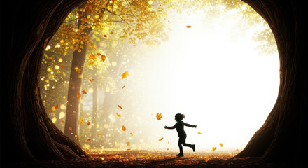 Child Running Through Autumn Forest Tunnel in Light