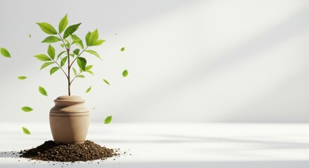 Tree Growing from Cremation Urn in Bright Light