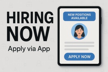 A digital hiring advertisement features a tablet display with a "New Positions Available" message alongside a call to action to apply via an app.