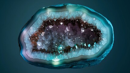 Close up view of a geode with crystals and blue bands on a dark blue background studio shot