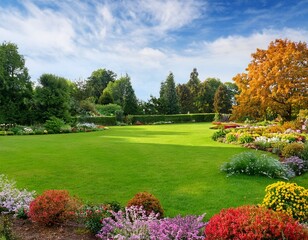 Fototapeta premium colorful garden landscape and grassy lawn