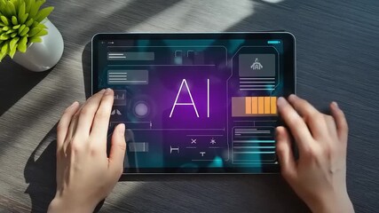Hands use a tablet with AI interface on a wood desk, small plant nearby