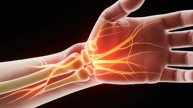 Detailed 3D animation illustrates glowing nerves and bones within a human hand and wrist highlighting areas of pain or neural activity