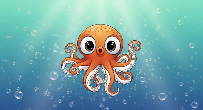 Cute Cartoon Octopus Floating in Underwater Scene with Bubbles and Light Rays