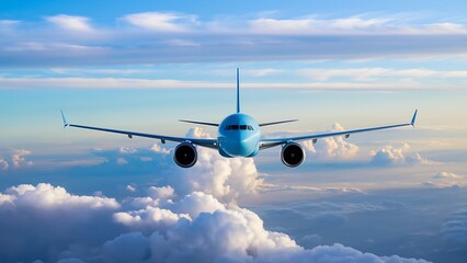 Obraz premium A light blue airplane flying in the sky with white clouds viewed from the front on a sunny day