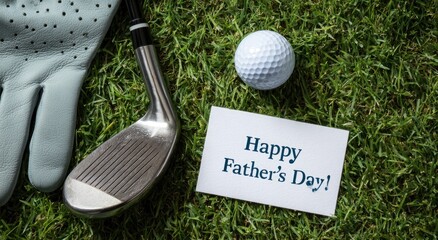 Golf club, glove, ball, Father's Day card on green grass