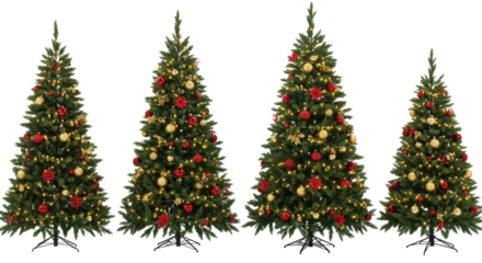 Four lush green christmas trees, decorated with red and gold baubles and warm LED lights, on a transparent isolated studio background, bright even lighting, elegant holiday decor concept
