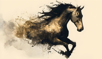 Obraz premium A beautiful watercolor painting of a galloping horse, showcasing dynamic movement and artistic flair, perfect for equine enthusiasts and art lovers alike.