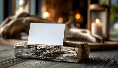 A blank business card displayed on a rustic wooden block amidst cozy candlelight and natural decor, perfect for showcasing personalized branding ideas.