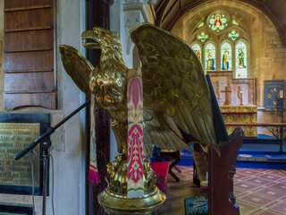 Ornate brass eagle lectern in The Parish Church of Saint Mary (Lower Slaughter, Gloucestershire, England, United Kingdom)