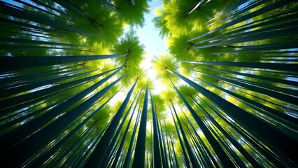 Obraz premium a breathtaking perspective of bamboo trees shot from below, showcasing nature’s elegance and towering strength.
