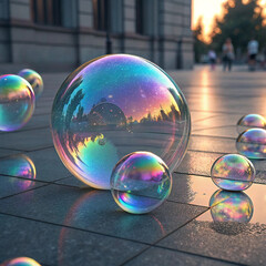 Title: Colorful Soap Bubbles Reflecting Urban Landscape

