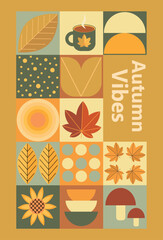 Autumn simple poster set. Autumn flyer set of designs Scandinavian mosaic. Banner autumn elements. Autumn design poster. Vector illustration.