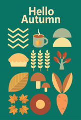 Autumn simple poster set. Autumn flyer set of designs Scandinavian mosaic. Banner autumn elements. Autumn design poster. Vector illustration.