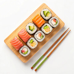 assorted sushi rolls with salmon, tuna, and avocado