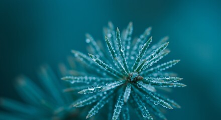 Macro close-up of blue-green plant covered in water droplets.