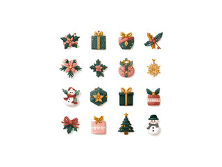 Christmas ornaments including poinsettias gifts snowmen tree and snowflake vector