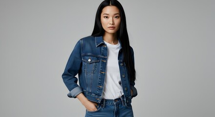 Asian Woman in Denim Jacket and Jeans Posing on Gray Background