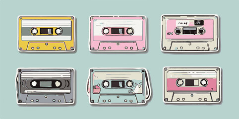 Vector illustration in a playful retro cartoon style shows six colorful cassette tapes with soft pastel shades of yellow, pink, gray, and blue, featuring bold outlines and a vintage vibe.