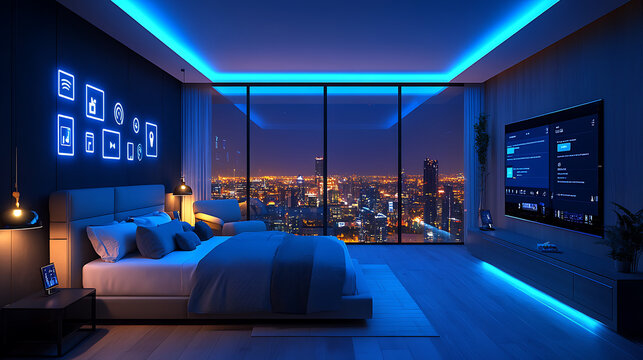 Luxurious hotel room interior featuring smart home interface for personalized control of lighting, temperature, and ambiance, blending comfort and modern automation technology