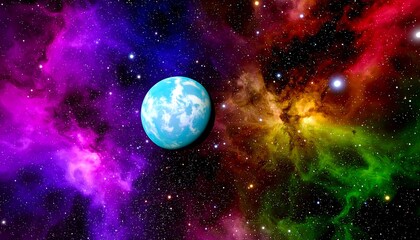 Colorful space nebula with a planet