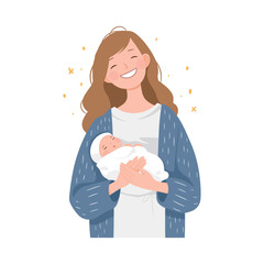 Happy mother holding her newborn baby in arms. Pregnancy and breastfeeding concept. Mom and child. Mother's day, vector illustration in cartoon style. Perfect for parenting and maternity themes.