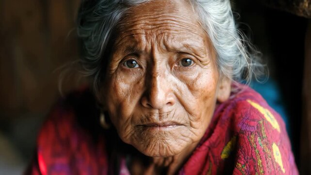 Elderly indigenous woman in traditional colorful clothing showing cultural heritage. Valuable for diversity and cultural representation projects.